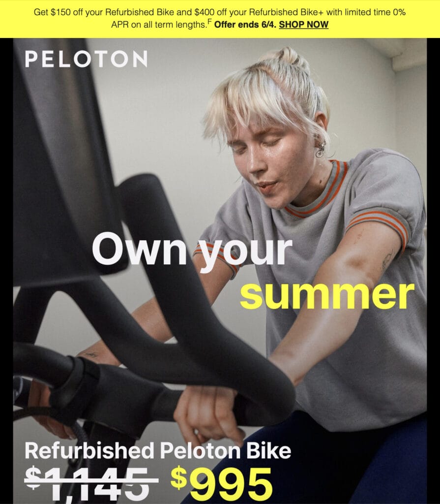 Peloton email advertising refurbished Bike/Bike+ offer through June 4, 2024.
